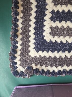 Chenille Crochet Throw Blanket in Navy, Gray & Cream